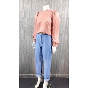 Vintage 70s Blouse Blush Peach Embossed Puff Sleeve Secretary Tuxedo Pleat